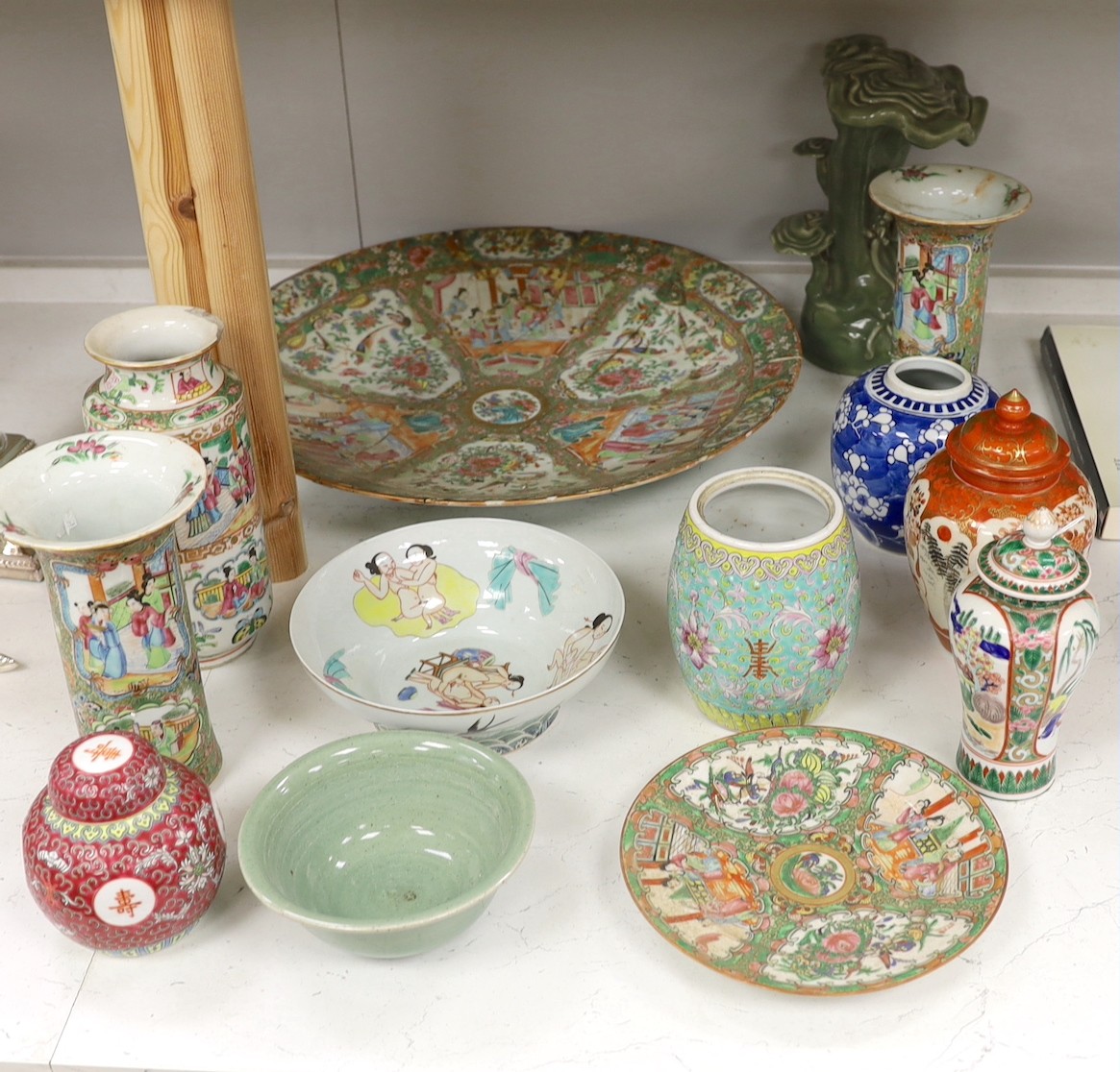 A Chinese famille charger, three vases and a plate, together with other Chinese and Japanese ceramics (13 items), Charger 48 cms diameter